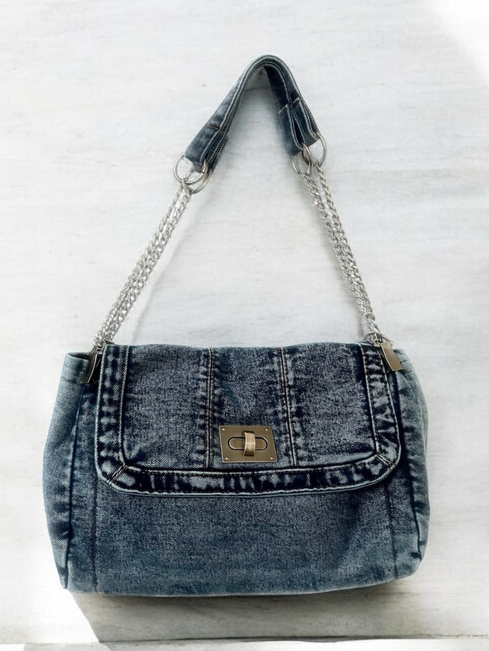 Denim Shoulder Bag with Chain Strap - Blue